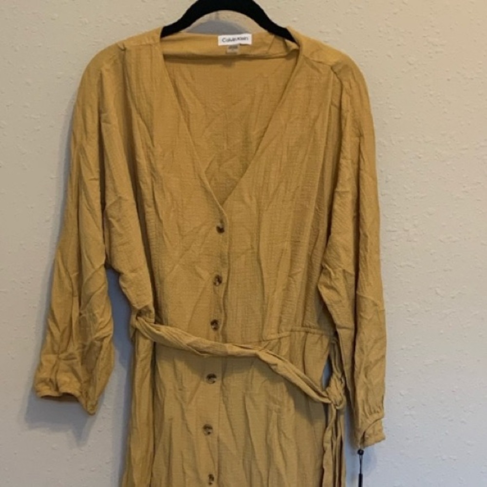 Calvin Klein Mustard Yellow Button-Front Midi Dress